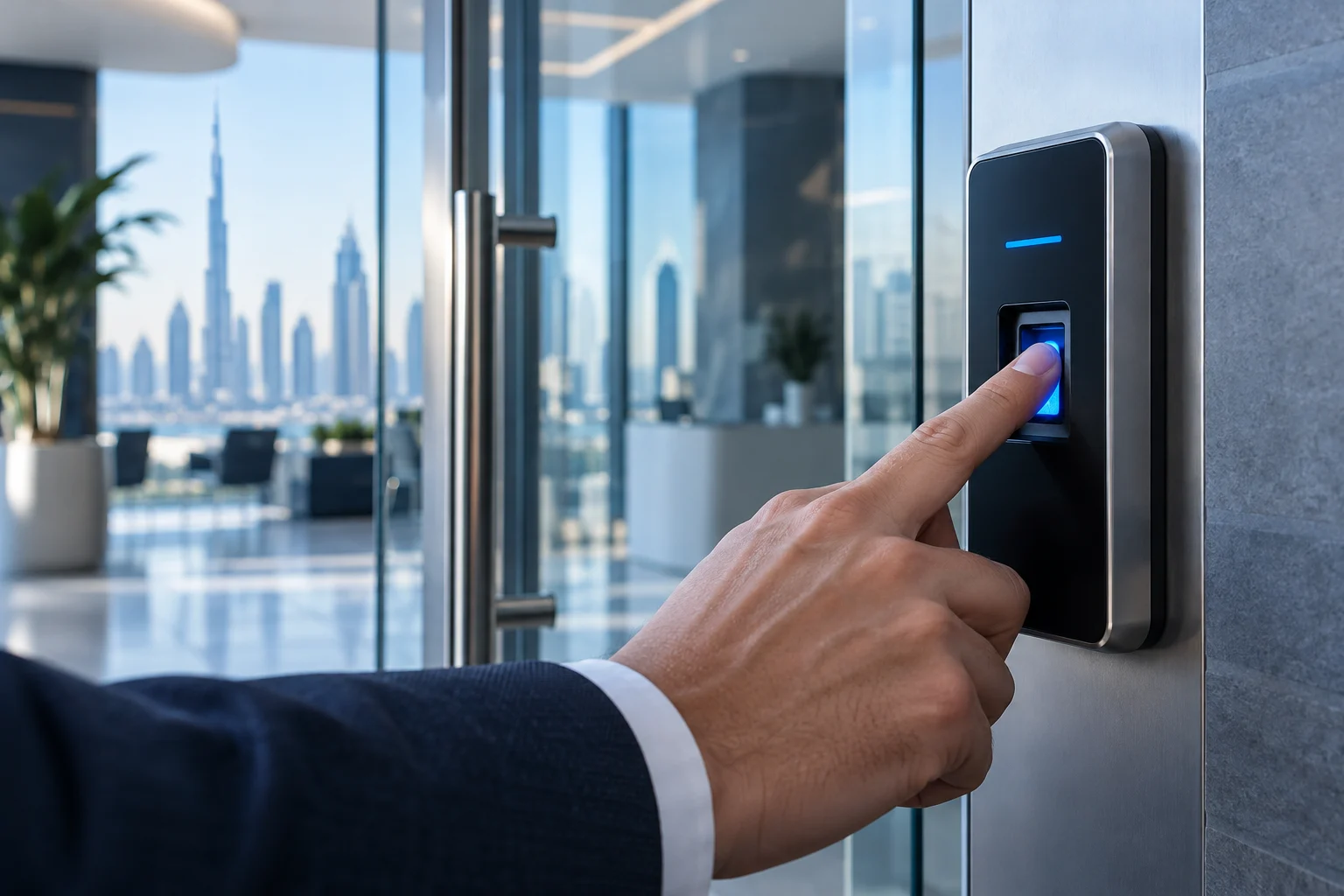 A person using a fingerprint reader beside a glass office entrance in Dubai.