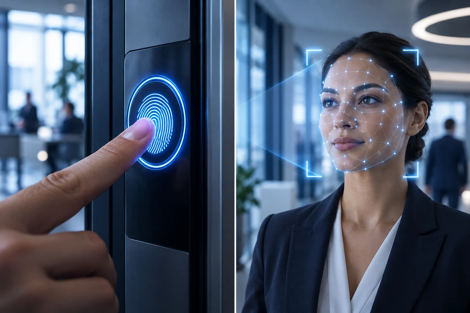 Comparison of a fingerprint scanner and contactless facial recognition in an office.