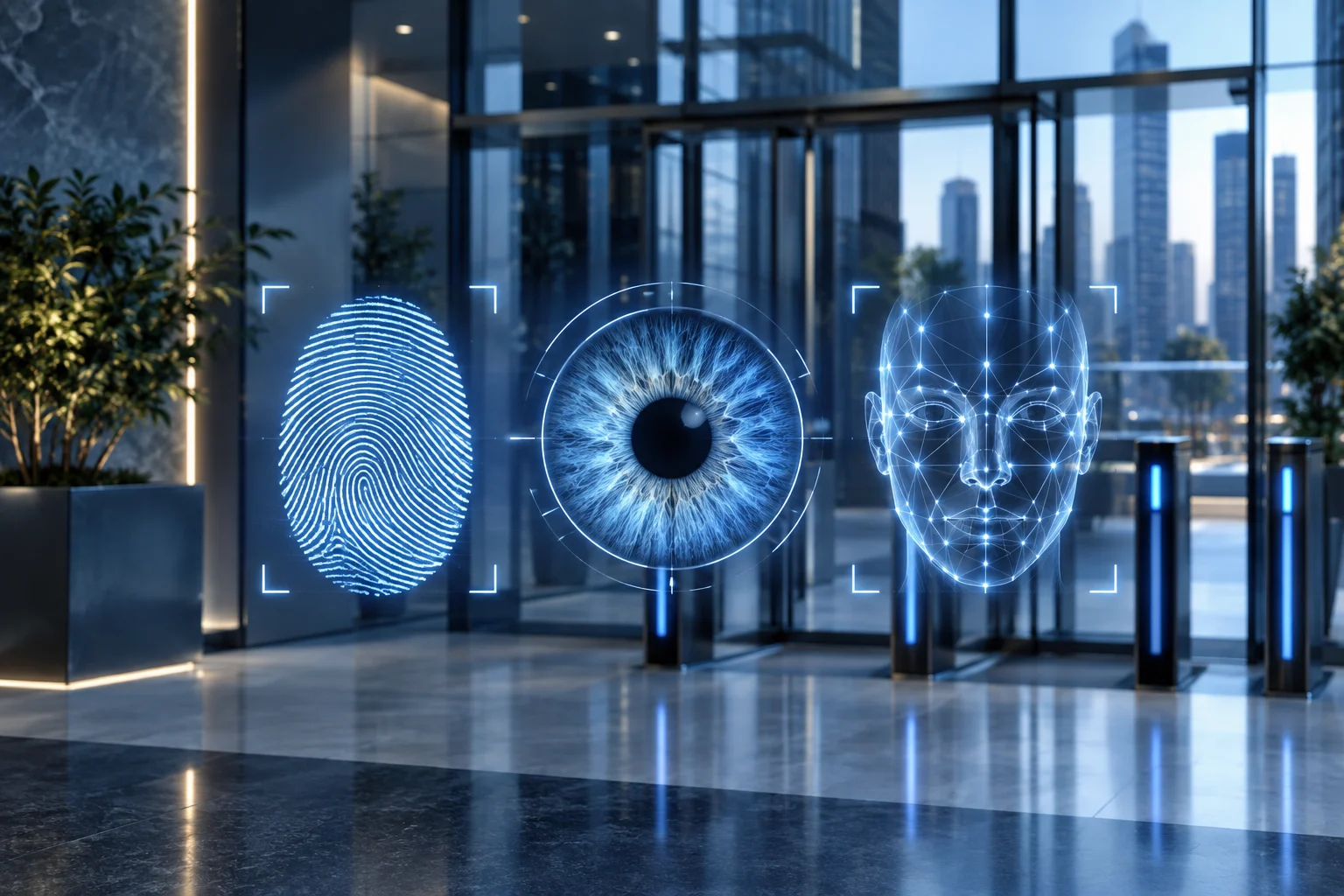 Concept illustration of fingerprint, iris and facial recognition at a modern office entrance.
