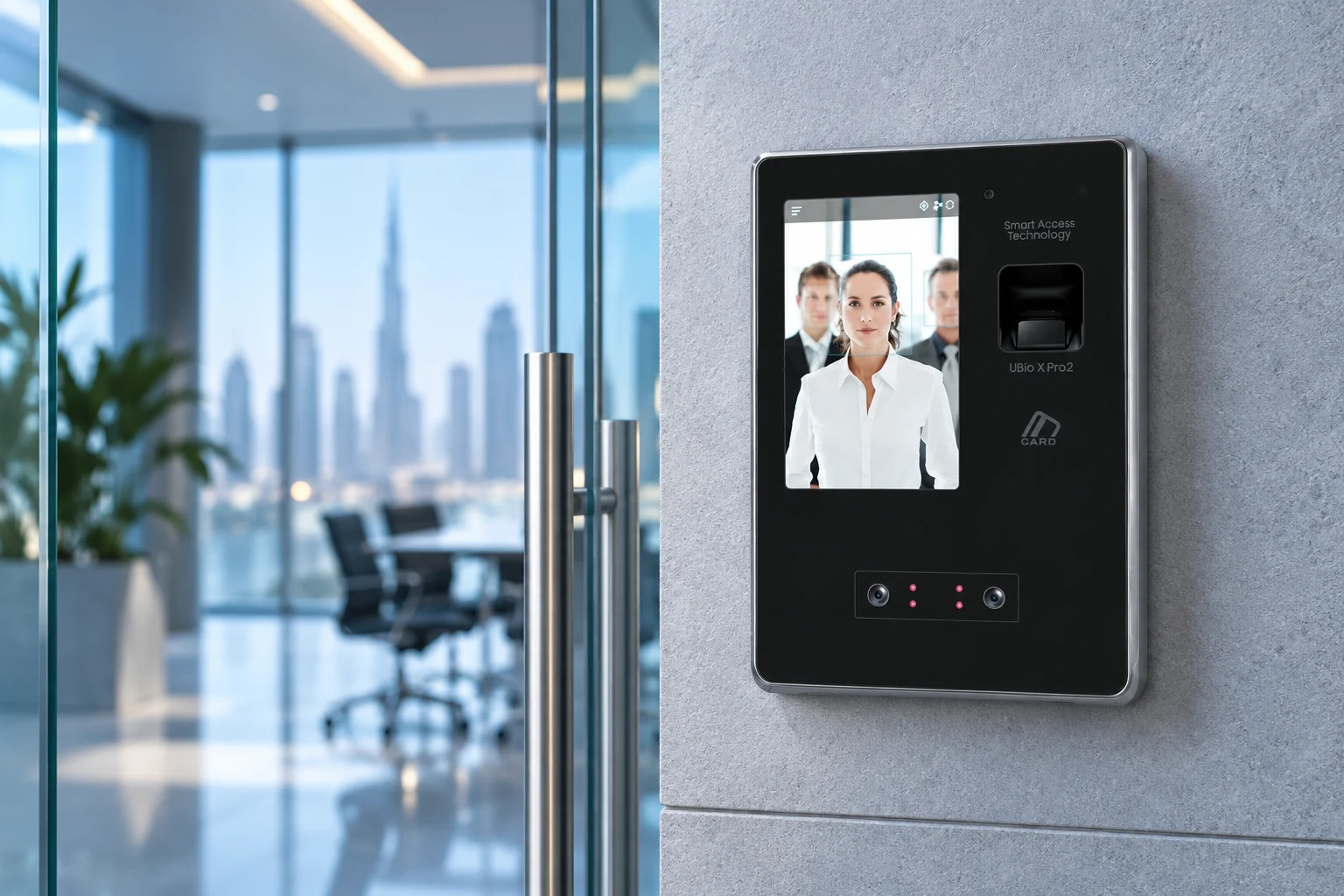 UBio-X Pro2 facial recognition terminal beside a glass office door