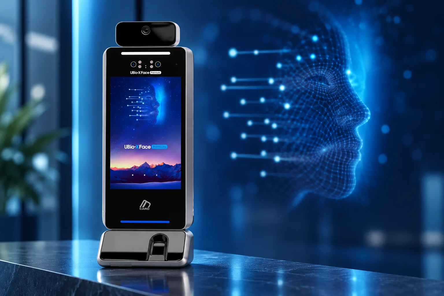 UBio-X Face Premium terminal with a facial recognition technology visual