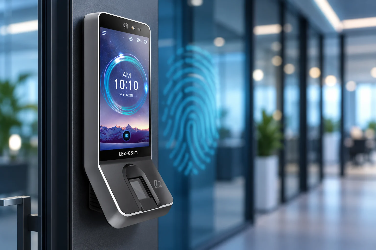 UBio-X Slim fingerprint access control terminal at an office entrance