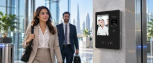 Blog 3 UBio-X Pro2 biometric time attendance terminal with employees arriving at a Dubai workplace