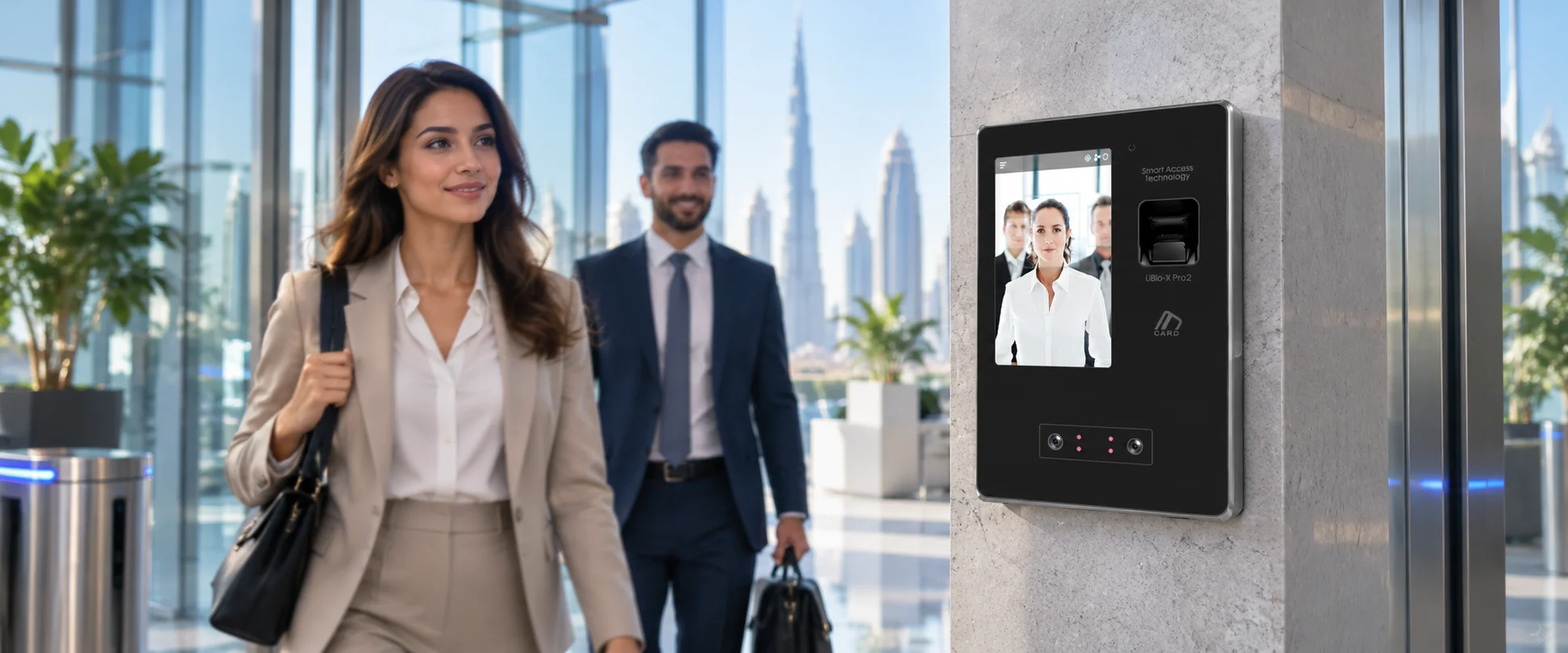 UBio-X Pro2 biometric time attendance terminal with employees arriving at a Dubai workplace