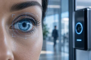 An eye with an iris scanning overlay beside a contactless biometric terminal.