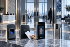 Fingerprint, card and facial recognition terminals illustrating office access control options.