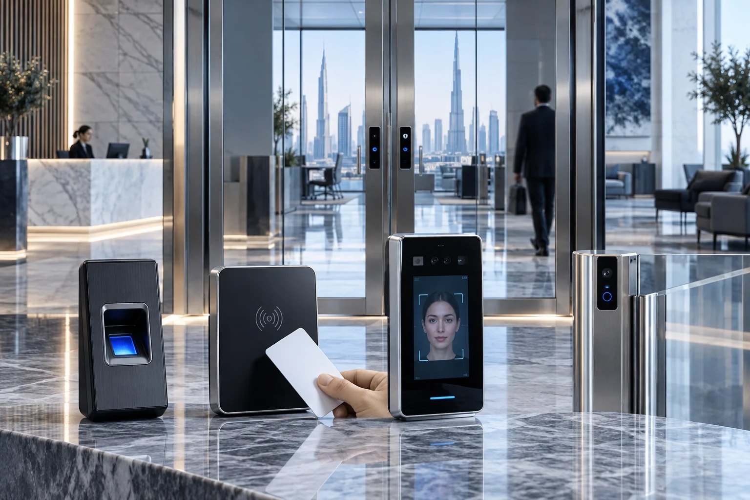 Fingerprint, card and facial recognition terminals illustrating office access control options.