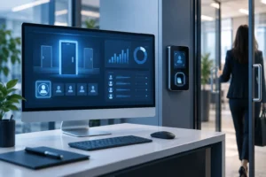 Concept illustration of access management software with user records, door controls and a biometric terminal.