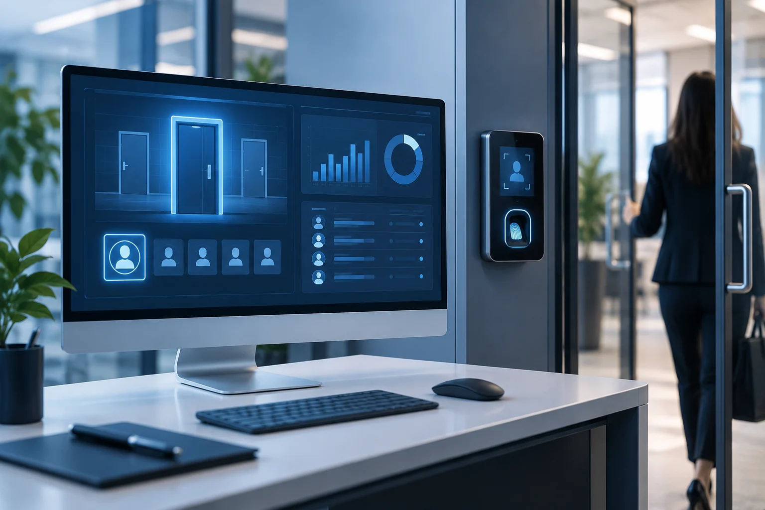Concept illustration of access management software with user records, door controls and a biometric terminal.